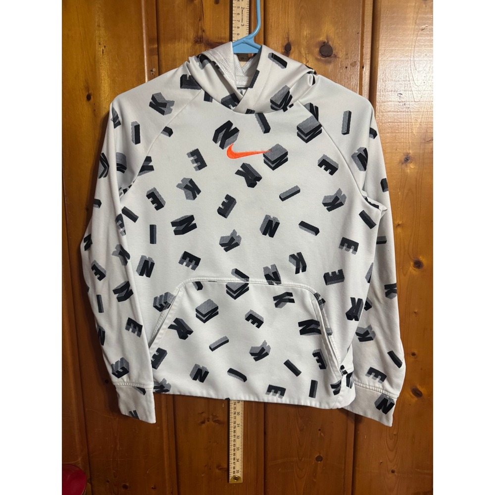 Nike Therma-FIT Hoodie White Black Block Print Orange Swoosh Mens Large Pullover